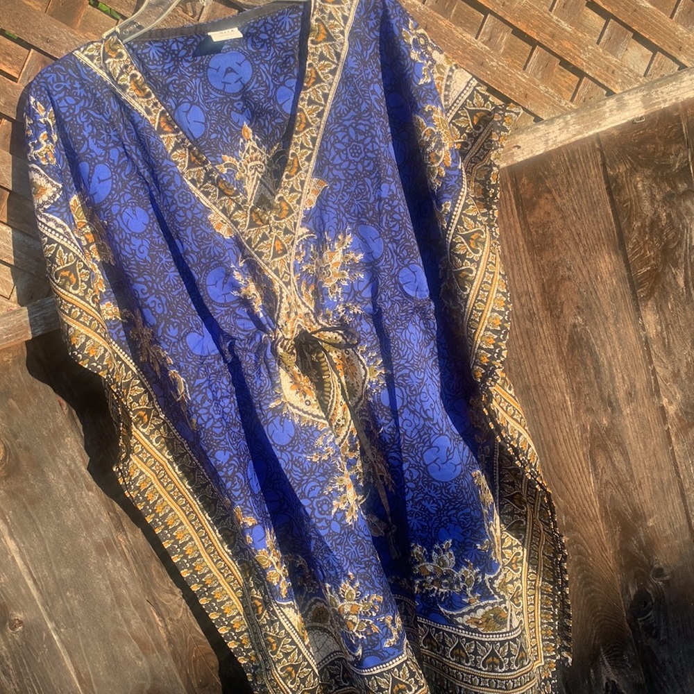 ASHA blue and tan  Kaftan summer pool dress top mumu